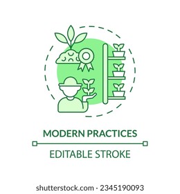 Modern practices green concept icon. Organic farming. Advanced technology. Crop yield. Food production. Farm industry. Round shape line illustration. Abstract idea. Graphic design. Easy to use