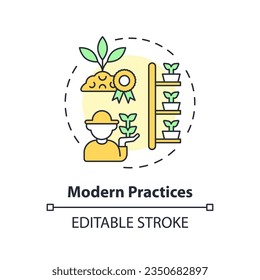 Modern practices multi color concept icon. Organic farming. Advanced technology. Crop yield. Food production. Farm industry. Round shape line illustration. Abstract idea. Graphic design. Easy to use