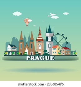 Modern Prague City Skyline Design. Czech Republic. Detailed colorful landscape with landmarks.