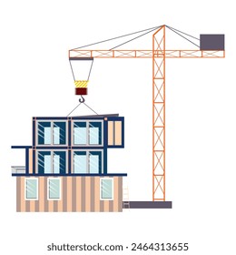 Modern prefab module home with crane nearby. Construction concept illustration