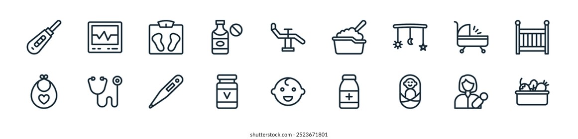pacote de ícones de gravidez moderna. perfeito para projetos de iu linear com vegetais vetoriais, mãe, recém-nascido, frasco de comprimidos, criança, vitaminas, teste de gravidez e mais ícones para aplicativos móveis e da web.