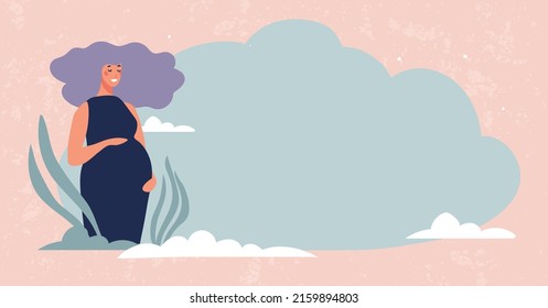 Modern pregnancy illustration with place for text. Cute happy pregnant woman with blank background. Banner for the doctor, goods for women, preparation for childbirth. Flat cartoon vector design.