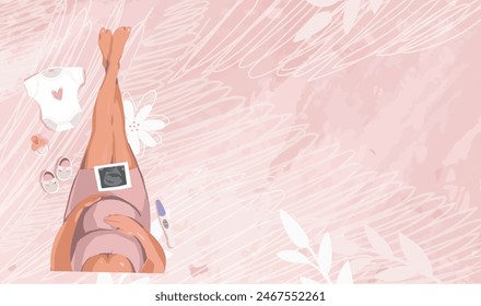 Modern pregnancy and motherhood background, top view of pregnant woman with positive pregnancy test and baby clothes, waiting for baby to be born.