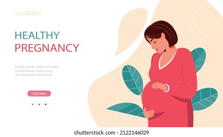 Modern pregnancy and motherhood banner. Poster with beautiful young pregnant woman and place for text. Cute pregnant woman flat cartoon vector illustration. Natural background with leaves.