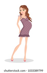 Modern pregnant woman with long wavy hair and big belly in light sundress in stiletto shoes isolated cartoon vector illustration on white background.