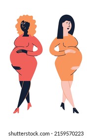 Modern pregnant women in trendy dresses and shoes are waiting for their babies. Happy pregnant girl hugs her belly. Beautiful pregnant body. Illustration in flat graphic style.