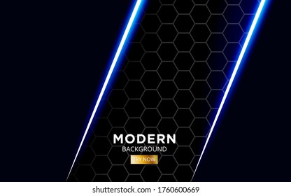 diseño moderno de banner de fondo azul premium para el futuro con línea de brillo en textura hexagonal.