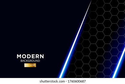 diseño moderno de banner de fondo azul premium para el futuro con línea de brillo en textura hexagonal.