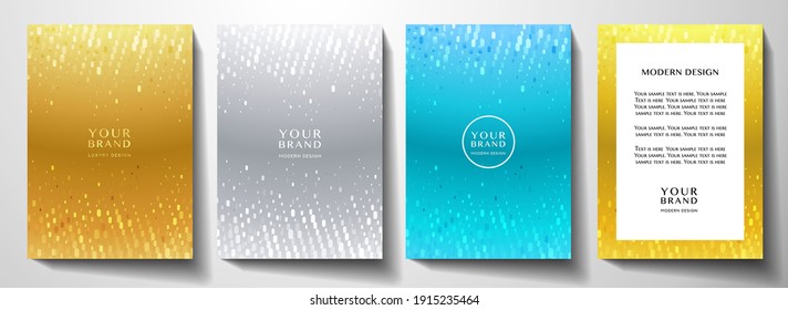 Modern premium cover design set. Sparkle pattern on gold, silver, blue background useful for holiday party poster, notebook template, invite card