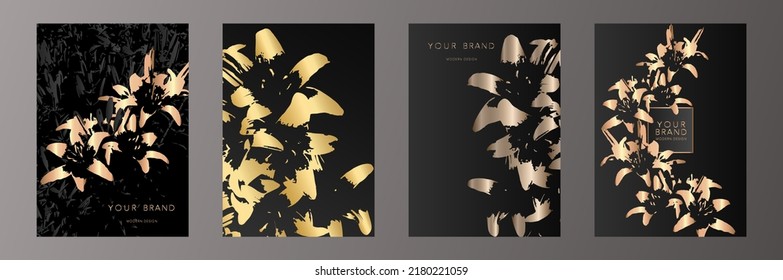 Modern Premium Cover Design Set. Luxury Fashionable Background With Gold Flowers Pattern. Elegant Floral Vector Template For Wedding Invitations, Makeup Catalog, Brochure Template, Flyer, Gift Cards.