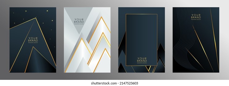 Conjunto moderno de diseño de marco de cobertura premium. Patrón de línea de oro y negro creativo abstracto de lujo. Vector formal de fondo geométrico para plantilla de folleto, diseño de revista, portada de bloc de notas, afiche comercial