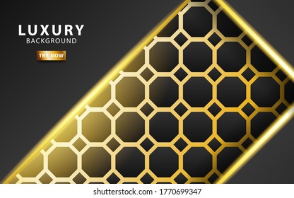modern premium technology dark abstract background banner, with gold line and golden rays, overlap layer in paper effect on textured gold hexagon background.vector illustration.