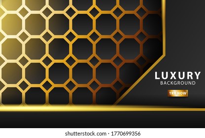 banner de fondo abstracto oscuro de tecnología premium moderna, con rayas doradas y de línea dorada, capa superpuesta en efecto de papel sobre fondo hexágono de oro texturado.ilustración vectorial.