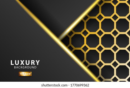 modern premium technology dark abstract background banner, with gold line and golden rays, overlap layer in paper effect on textured gold hexagon background.vector illustration.