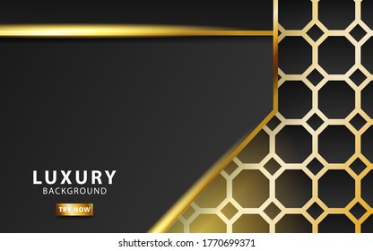 modern premium technology dark abstract background banner, with gold line and golden rays, overlap layer in paper effect on textured gold hexagon background.vector illustration.