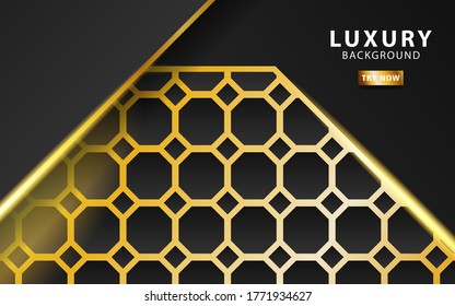 modern premium technology dark abstract background banner, with gold line and golden rays, overlap layer in paper effect on textured gold hexagon background.vector illustration.