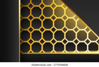 banner de fondo abstracto oscuro de tecnología premium moderna, con rayas doradas y de línea dorada, capa superpuesta en efecto de papel sobre fondo hexágono de oro texturado.ilustración vectorial.