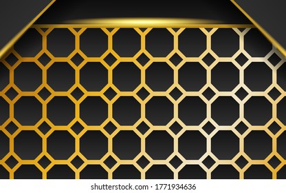 modern premium technology dark abstract background banner, with gold line and golden rays, overlap layer in paper effect on textured gold hexagon background.vector illustration.