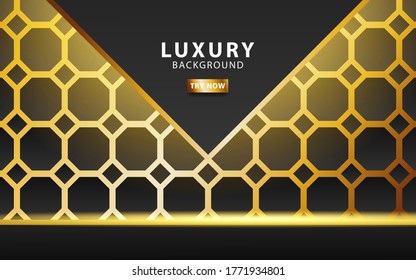 modern premium technology dark abstract background banner, with gold line and golden rays, overlap layer in paper effect on textured gold hexagon background.vector illustration.