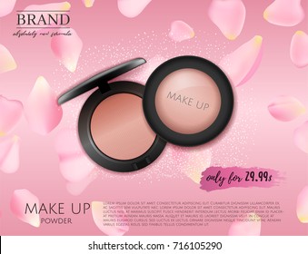 Modern  Premium VIP cosmetic ads, pink 3D cheek blush or make up promotion powder ads, cosmetics package  with rose petals background. Elegant face powder compact illustration vector design