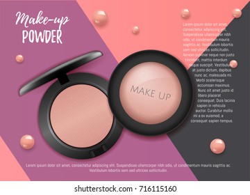 Modern  Premium VIP cosmetic ads, pink 3D cheek blush or make up promotion powder ads, cosmetics package background. Make-up powder for sale. Elegant face powder compact illustration vector design