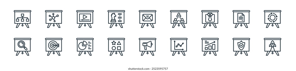 modern presentation icon pack. perfect for linear ui designs featuring vector startup, safety, graph report, graphic chart, marketing plan, inclusion, graphic board and more icons for mobile and web