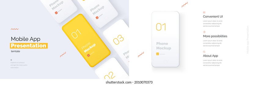 Modern presentation of a mobile application. Mobile phone mockup on a yellow background with a description of the mobile application. Modern illustration 3D style.