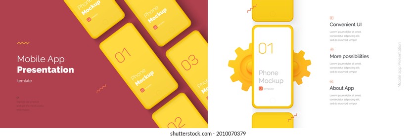 Modern presentation of a mobile application. Mobile phone mockup on a yellow background with a description of the mobile application. Modern illustration 3D style.