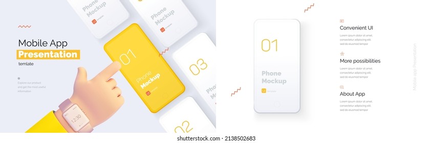 Modern presentation of a mobile application. Mobile phone mockup on a yellow background with a description of the mobile application. Modern illustration 3D style.	
