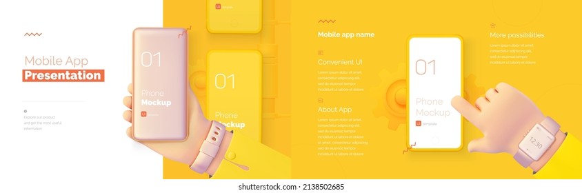 Modern presentation of a mobile application. Mobile phone mockup on a yellow background with a description of the mobile application. Modern illustration 3D style.	
