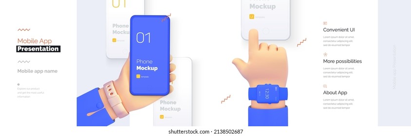 Modern presentation of a mobile application. Mobile phone mockup on a blue background with a description of the mobile application. Modern illustration 3D style.	
