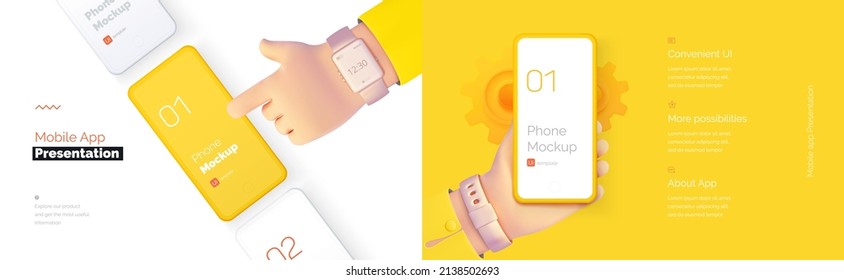 Modern presentation of a mobile application. Mobile phone mockup on a yellow background with a description of the mobile application. Modern illustration 3D style.	
