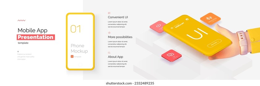 Moderne Präsentation einer mobilen Anwendung. Mobiltelefon auf gelbem Hintergrund mit einer Beschreibung der mobilen Anwendung. Moderne Illustration 3D-Stil.
