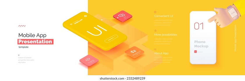Modern presentation of a mobile application. Mobile phone mockup on a yellow background with a description of the mobile application. Modern illustration 3D style.