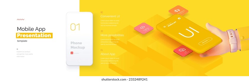 Modern presentation of a mobile application. Mobile phone mockup on a yellow background with a description of the mobile application. Modern illustration 3D style.