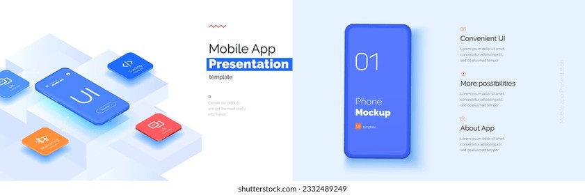 Modern presentation of a mobile application. Mobile phone mockup on a yellow background with a description of the mobile application. Modern illustration 3D style.