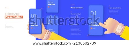 Modern presentation of a mobile application. Mobile phone mockup on a blue background with a description of the mobile application. Modern illustration 3D style.
