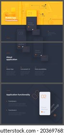 Modern presentation of a mobile application. Website template. Mobile phone mockup on a yellow background with a description of the mobile application. Modern illustration 3D style.	