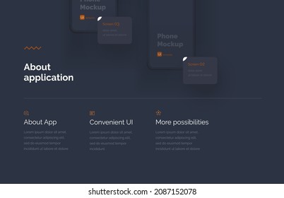 Modern presentation of a mobile application. Website template. Mobile phone mockup on a yellow background with a description of the mobile application. Modern illustration 3D style.	
