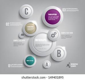 Modern presentation panel with glossy plastic buttons and shiny lights banners for business design, infographics, reports, number options, step presentation, progress or workflow layout. Clean style