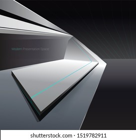 Modern presentation space for display and advertising products, modern interior space with led lights on wall, vector illustration