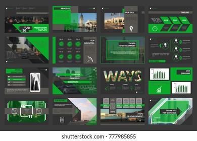 Modern presentation template with title sheet. Creative set of abstract infographic elements. Brochure design in dark grey, green and white colors. Vector illustration. City image. Urban.