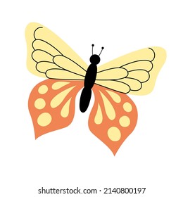Modern pretty butterfly in a hand-drawn flat style. Vector illustration isolated on a white background. Colorful yellow orange insect butterfy