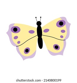 Modern pretty butterfly in a hand-drawn flat style. Vector illustration isolated on a white background. Colorful yellow lilac insect butterfy