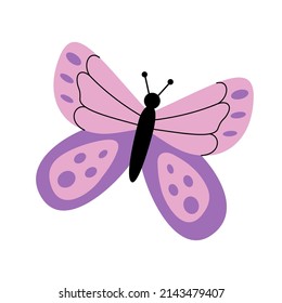 Modern pretty butterfly in a hand-drawn flat style. Vector illustration isolated on a white background. Colorful lilac pink insect butterfy