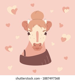 Modern pretty cow on pink background with hearts. Celebrating Valentines Day romantic vector illustration.