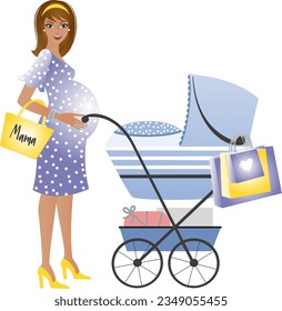 Modern pretty indian pregnant woman with a pram and shopping bags