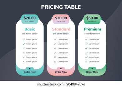 Modern price comparison table for three products or services with icons and business description.