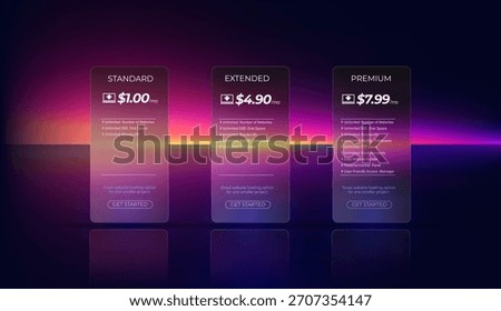 Modern price table. Matte phone screen mockup.Transparent blurred glass plate. Glassmorphism style. Pricing plans for websites and applications. Vector template.
