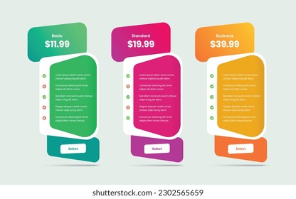 Modern pricing comparison layout design for businesses and startup agencies